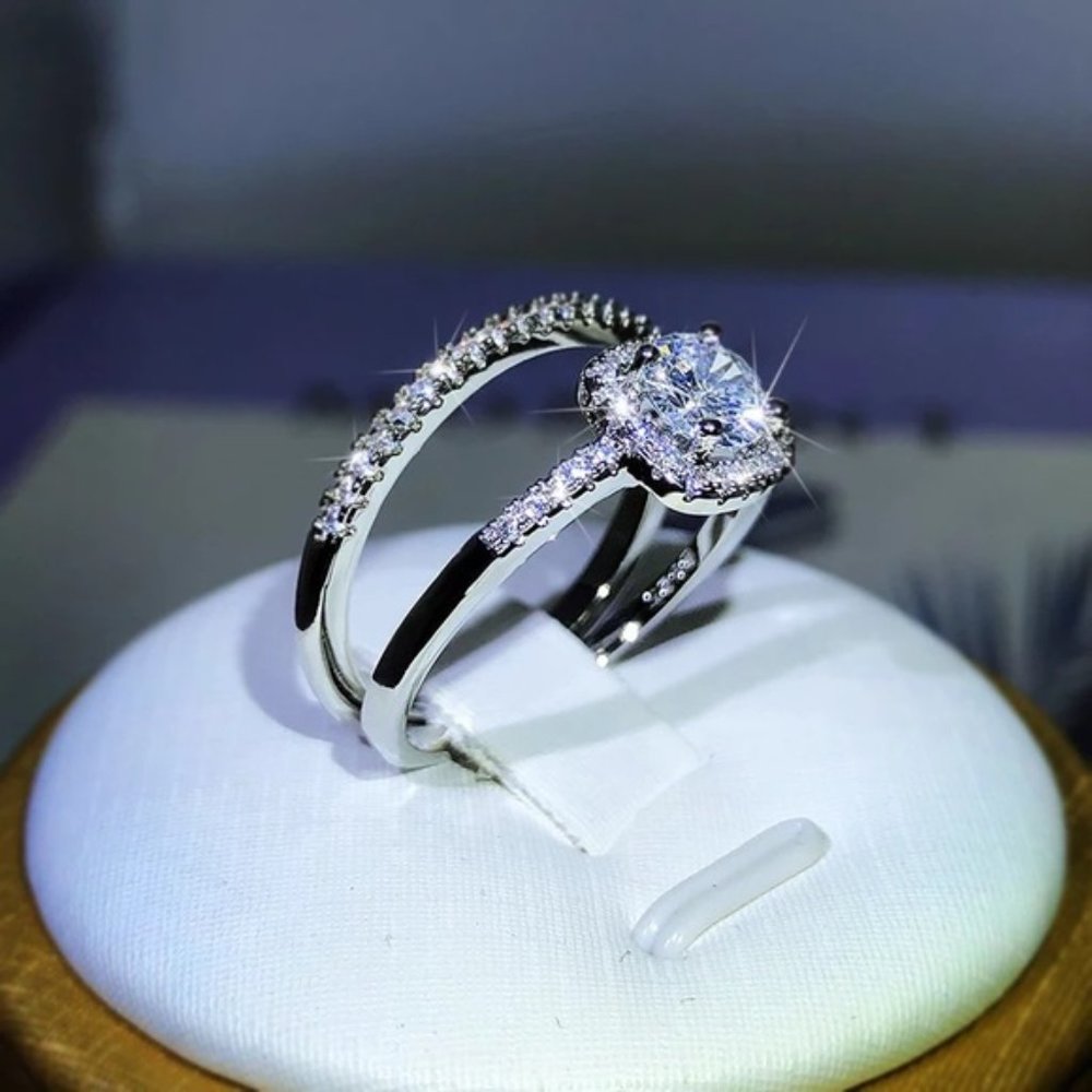 925 Sterling Silver Popular Four-Claw Fashion Ring Two-Piece For Ladies Wedding - Picture 2 of 5